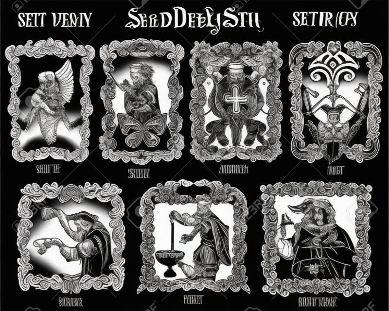 Sertie de sept péchés capitaux, collection de vecteur noir et blanc. Illustration gravée à la main, conception de tatouage et de t-shirt, symbole religieux