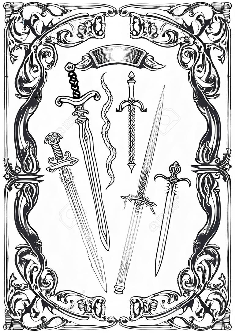 Nine of swords. Minor Arcana tarot card. The Magic Gate deck. Fantasy engraved vector illustration with occult mysterious symbols and esoteric concept