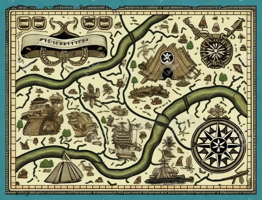 Vector vintage adventures map with pirate treasures, aztecs gods, compass. Pirate adventures, treasure hunt and old transportation concept. Vector illustration, vintage background