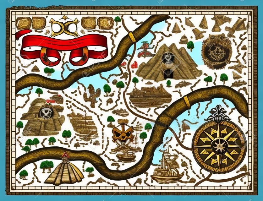 Vektor-Vintage-Abenteuerkarte mit Piratenschätzen, Azteken-Göttern, Kompass. Piratenabenteuer, Schatzsuche und altes Transportkonzept. Vektor-Illustration, Vintage-Hintergrund