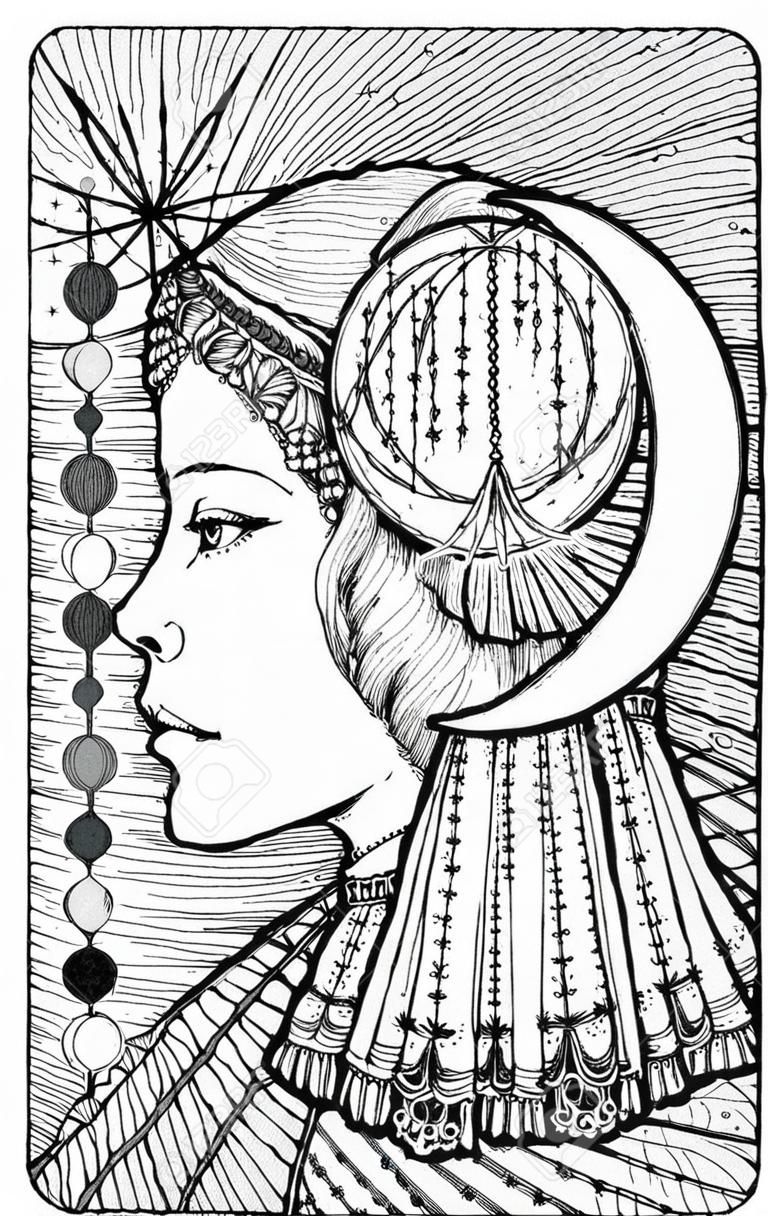 Moon symbol. Tarot card from vector Lenormand Gothic Mysteries oracle deck. Black and white engraved illustration. Fantasy and mystic line art drawing. Gothic, occult and esoteric background