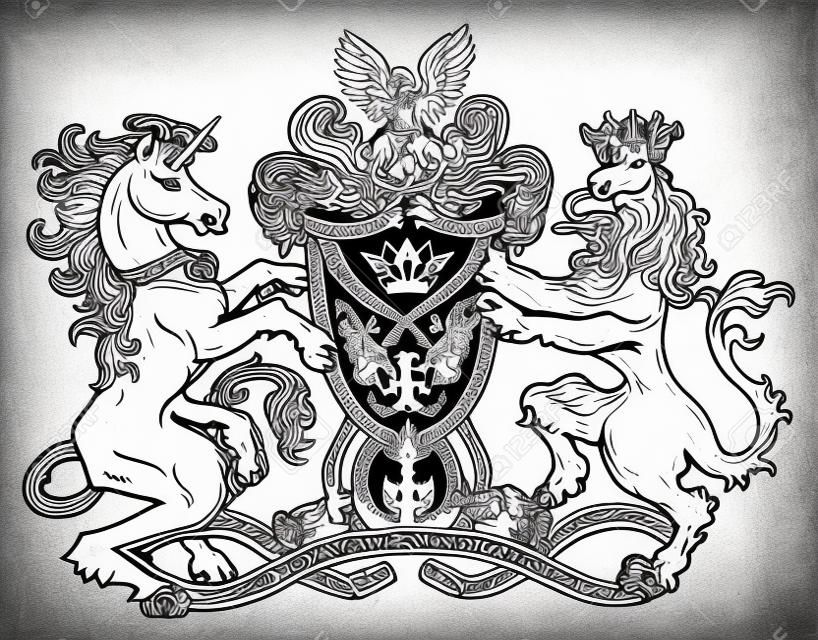 Heraldisches Emblem mit Einhorn und feenhaftem Löwentier auf weiß, Strichzeichnungen. Handgezeichnete gravierte Illustration mit Mythologie und Fantasy-Kreaturen, mittelalterlichem Wappen, Design-Tattoo und Konzept