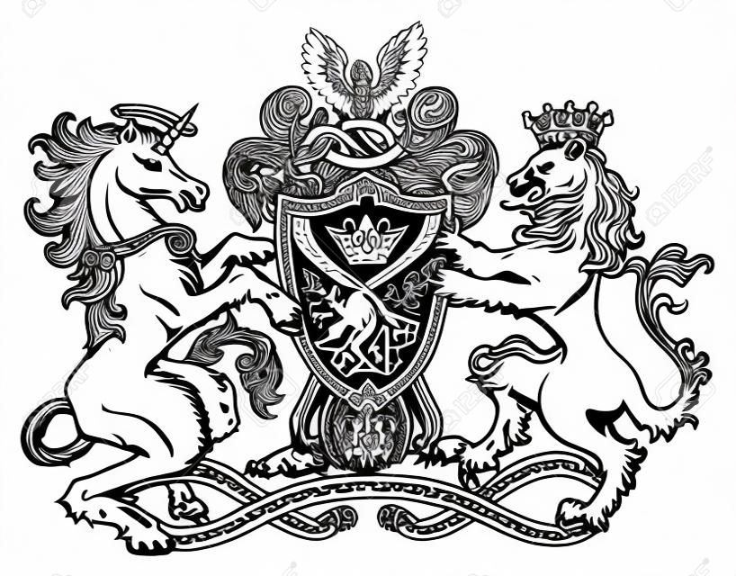 Heraldisches Emblem mit Einhorn und feenhaftem Löwentier auf weiß, Strichzeichnungen. Handgezeichnete gravierte Illustration mit Mythologie und Fantasy-Kreaturen, mittelalterlichem Wappen, Design-Tattoo und Konzept