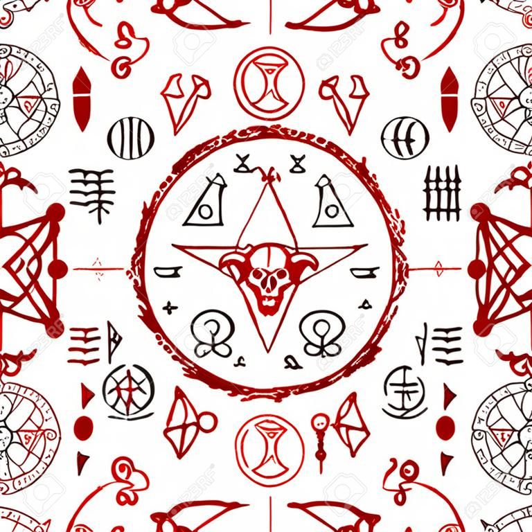 Seamless pattern with devil and alchemy signs, magic seals on white background. Esoteric and occult illustration with mystic and gothic symbols. No foreign language, all elements are fantasy.