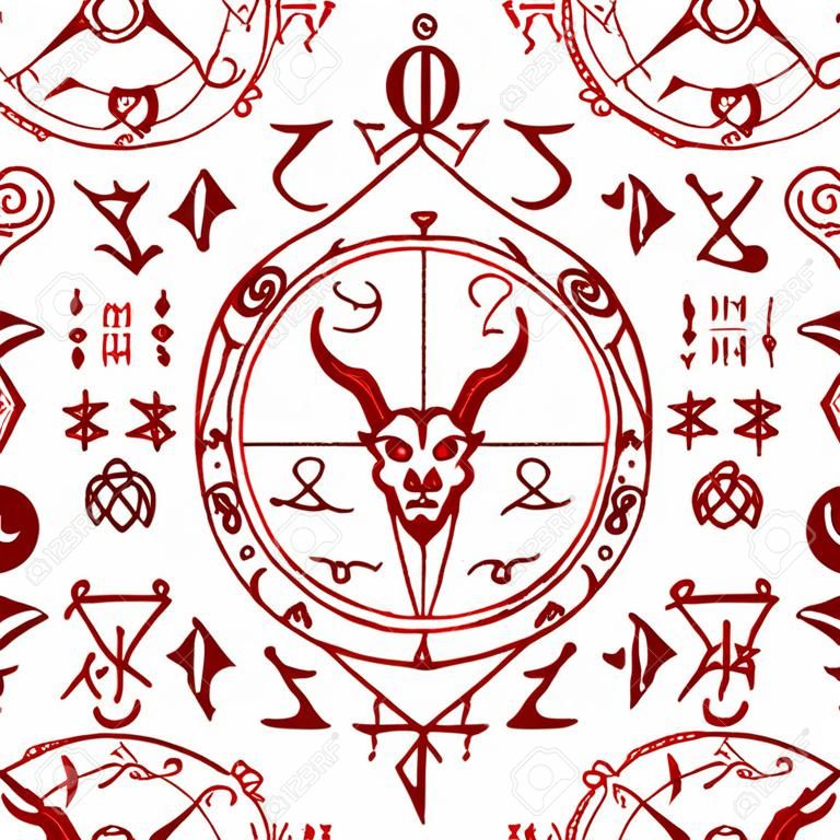 Seamless pattern with devil and alchemy signs, magic seals on white background. Esoteric and occult illustration with mystic and gothic symbols. No foreign language, all elements are fantasy.