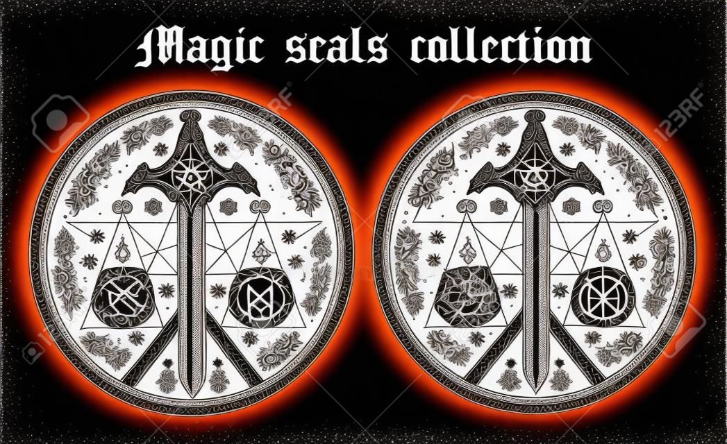 Mystic background with fantasy sword in magic seal, pentacle on