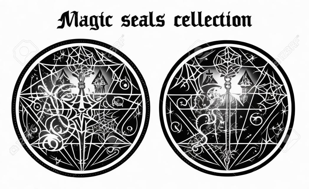 Design set of magic seals with wand and mystic symbols isolated on