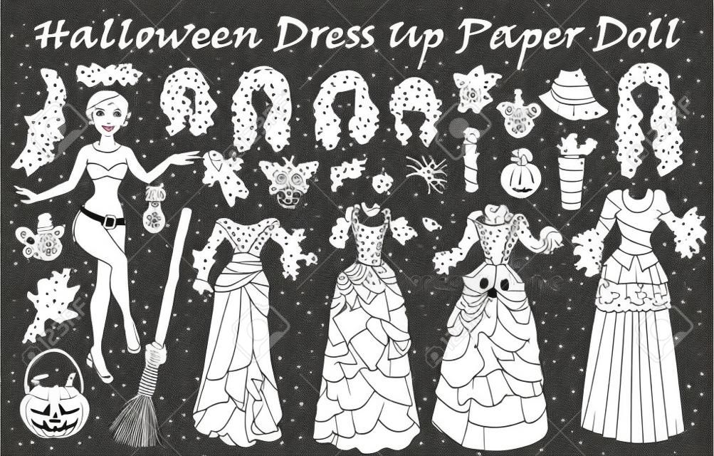 Set van dress up paper pop met Halloween kostuums, bezem, pot. Hand getekend vector illustratie voor games, kleuren pagina met body template, kapsel en heksen kleding om uit te knippen