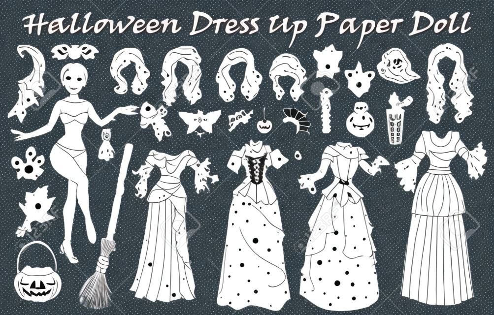 Set of dress up paper doll with Halloween costumes, broom, pot. Hand drawn vector illustration for games, coloring page with body template, haircut and witch clothes to cut out