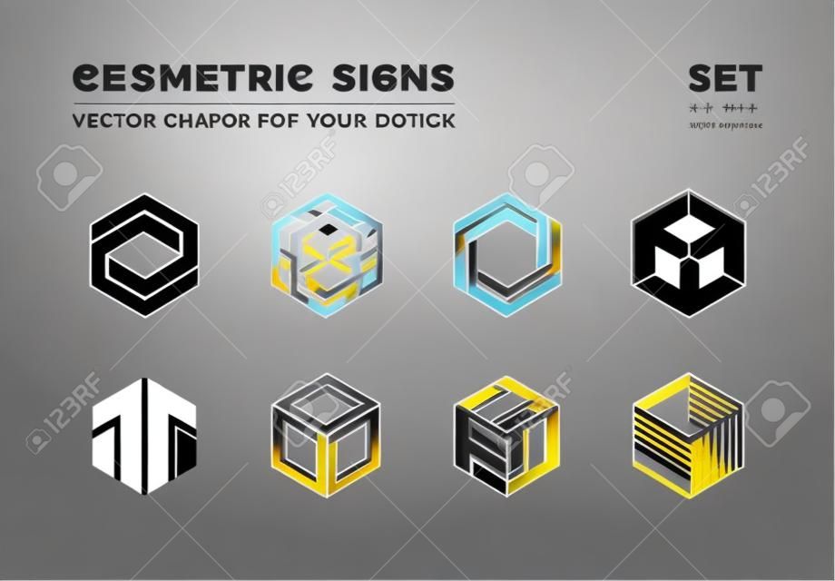 Set van acht minimalistische trendy vormen. Stijlvolle vector logo emblemen voor uw ontwerp. Eenvoudige creatieve geometrische tekens collectie.