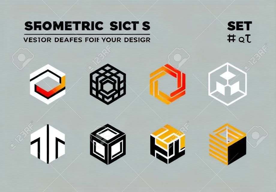 Nyolc minimalista divatos forma. Stílusos vektor logo emblémák a design. Egyszerű kreatív geometriai jelek gyűjteménye.