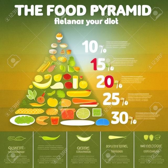 Pirámide alimenticia. infografía de alimentos saludables. Texto en latín. gráficos web, banners, anuncios, plantillas del negocio, menú de comida