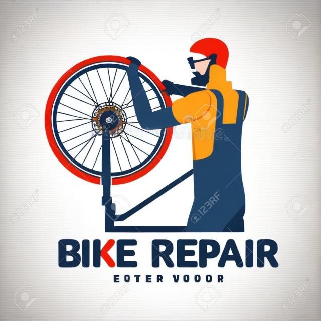 Szablon logo wektor warsztat naprawy rowerów do projektowania. Odznaki naprawy rowerów, etykiety, banery, reklamy, broszury, szablony biznesowe. Ilustracja wektorowa na białym tle