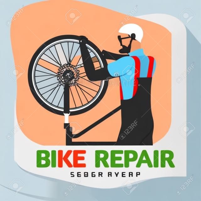 Modello di logo di vettore di officina riparazione di biciclette per il vostro disegno. Distintivi di riparazione bici, etichette, banner, pubblicità, brochure, modelli aziendali. Illustrazione vettoriale isolato su sfondo bianco