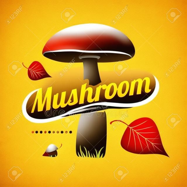 Mushroom Logo Vorlagen für Ihr Design. Herbst, gefallene Blätter von Bäumen, trockenes Gras. Pilzabzeichen, Etiketten, Broschüren, Geschäftsvorlagen. Vektor-Illustration isoliert auf weißem Hintergrund