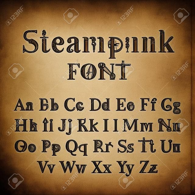 steampunk lettertype, letters uit de mechanica, Alfabet lettertype uit tandwielen en mechanische onderdelen