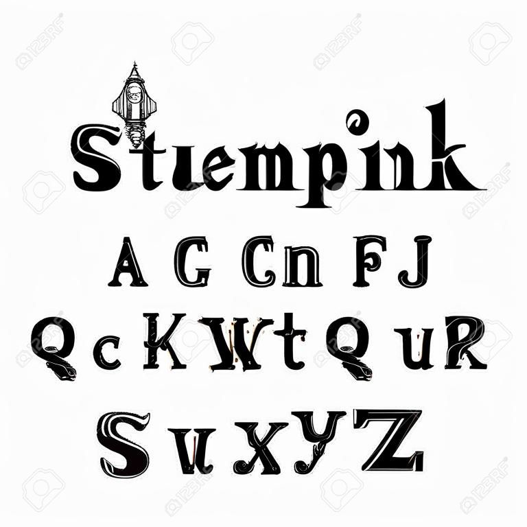 steampunk lettertype, letters uit de mechanica, Alfabet lettertype uit tandwielen en mechanische onderdelen