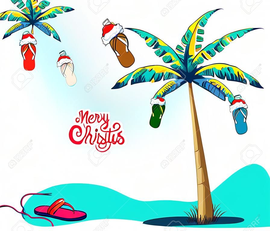 Kerst wenskaart met palmboom en tropisch blad. Banner template met lichtgevende bloemenslingers voor nieuwjaarsvakanties. Palm boom versierd met strand Slippers als kerstversiering