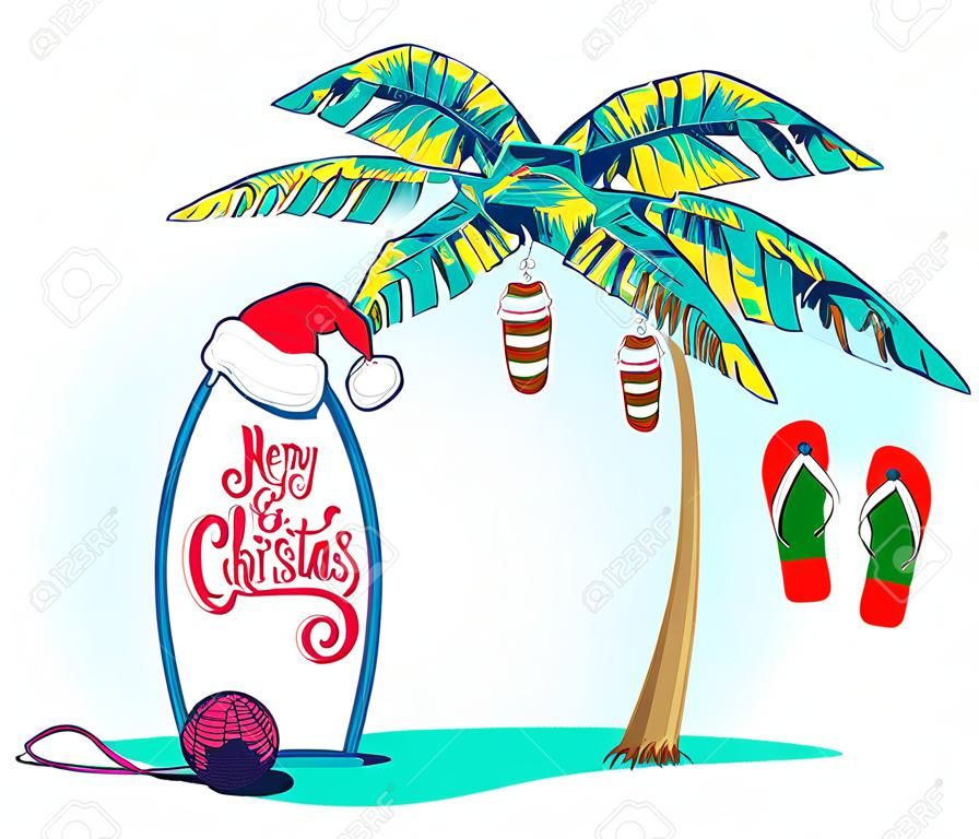 Christmas greeting card with palm tree and tropical leaf. Banner template with luminous garlands for new year holidays. Palm tree decorated with beach Slippers as Christmas decorations