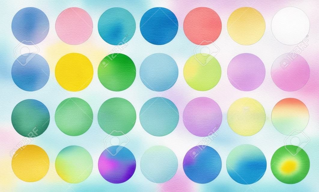 Watercolour circle textures. Mega-useful pack for you to drag and drop onto your designs. Perfect for branding, greetings, websites, digital media, invites, weddings, merchandise designs and so much more. Bright color vector illustration.
