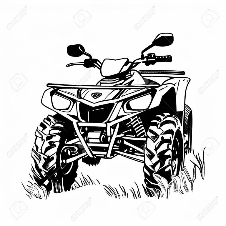 ベクトル イラスト、クワッド バイクのシルエット、白地に ATV のロゴの設計をスケッチします。