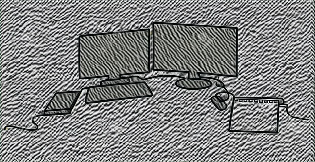 Modern workspace continuous one line vector drawing. Desktop hand drawn silhouette. Two computer monitors with keyboard, mouse and notebook. Workplace essentials. Minimalistic contour illustration