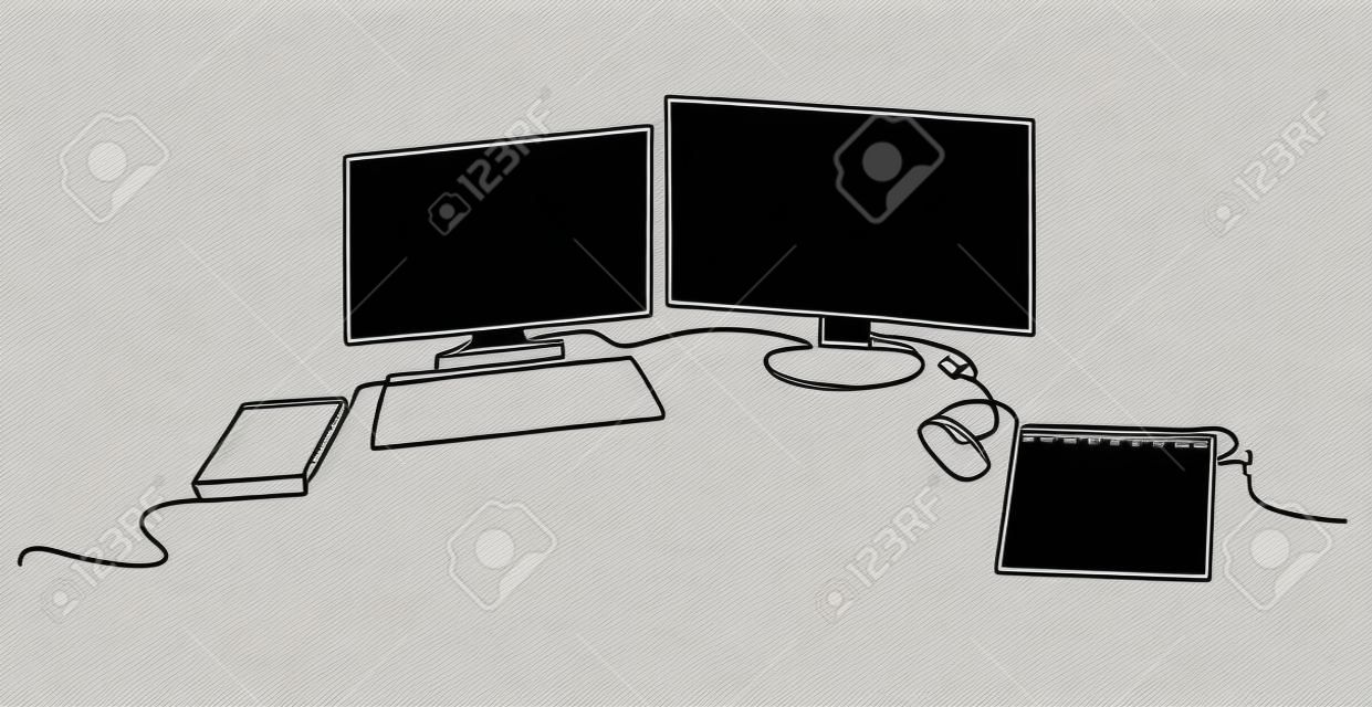 Modern workspace continuous one line vector drawing. Desktop hand drawn silhouette. Two computer monitors with keyboard, mouse and notebook. Workplace essentials. Minimalistic contour illustration