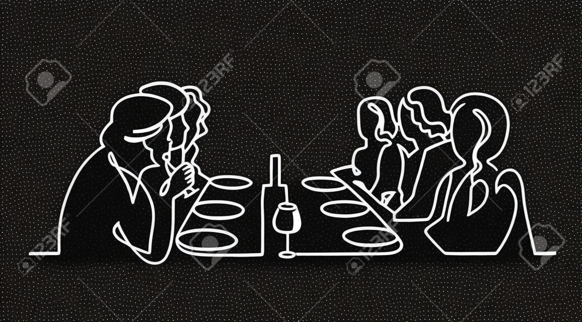 Birthday party continuous one line vector drawing. B-day celebration. Hand drawn family dinner, holiday, festival. Woman and guests sitting at table. Thanksgiving Day illustration. Funeral banquet.