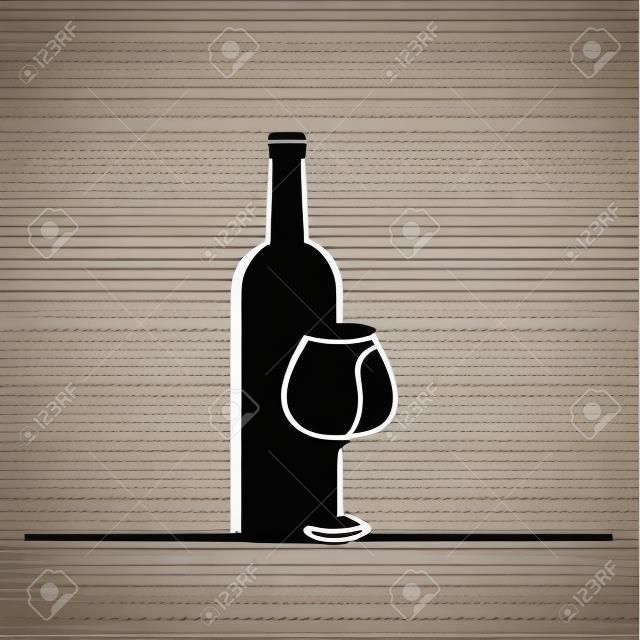 Icona di vettore di contorno di bicchiere di vino. Una linea continua ha disegnato una bottiglia di vino e un bicchiere.