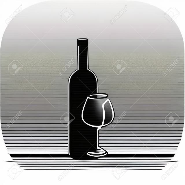 Icona di vettore di contorno di bicchiere di vino. Una linea continua ha disegnato una bottiglia di vino e un bicchiere.