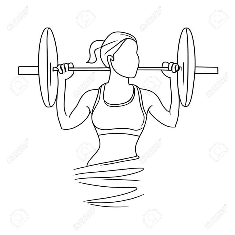 Woman lifting weights continuous one line drawing. Female bodybuilder vector hand drawn silhouette clipart. Lady working out. Gym training illustration. Squats with barbell linear design element