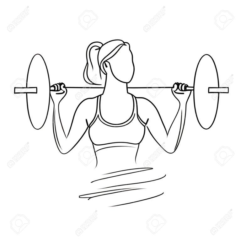 Vrouw tillen gewichten continue een lijn tekening. Vrouwelijke bodybuilder vector met de hand getrokken silhouet clipart. Vrouw trainen uit. Gym training illustratie. Kraken met halter lineair ontwerp element
