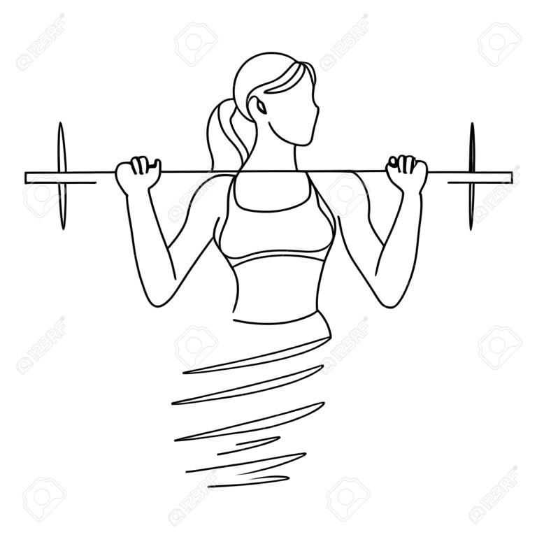 Vrouw tillen gewichten continue een lijn tekening. Vrouwelijke bodybuilder vector met de hand getrokken silhouet clipart. Vrouw trainen uit. Gym training illustratie. Kraken met halter lineair ontwerp element