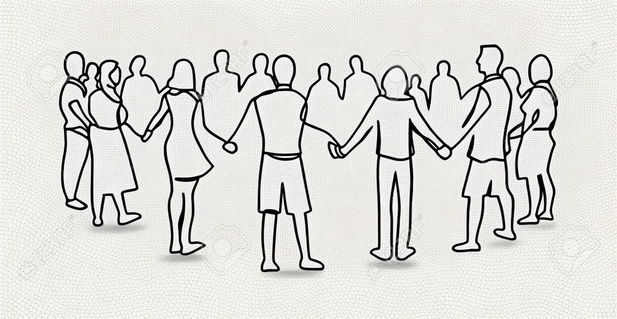 団結、友情連続的な単一線画。人、友人が一緒に手をつないでいます。コミュニティ協力、社会とのつながり。サポート、チームワーク、ラウンドダンス。手描きのアウトラインイラスト