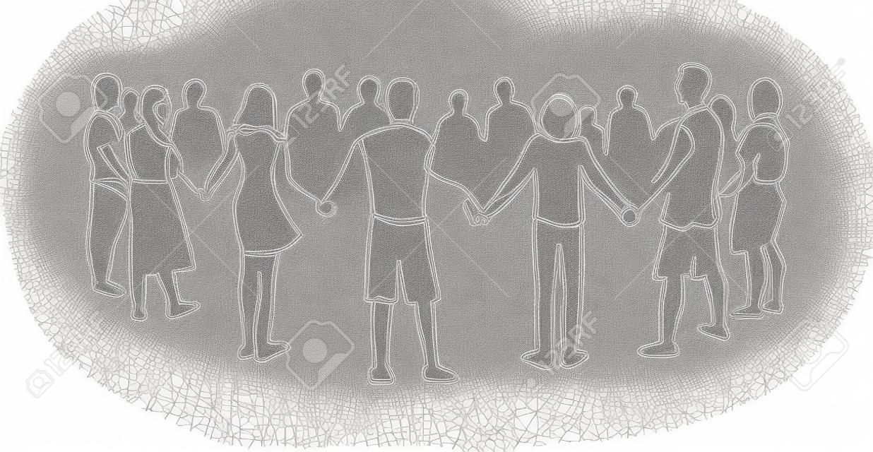 Unity, friendship continuous single line drawing. People, friends holding hands together. Community cooperation, society connection. Support, teamwork, round dance. Hand drawn outline illustration