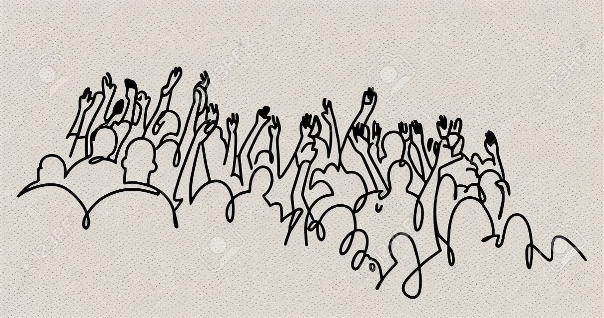 Fröhliche jubelnde Illustration der Menge. Hände hoch. Gruppe von Applausleuten kontinuierliche einzeilige Vektorgrafik. Publikum Silhouette handgezeichnete Charaktere. Frauen und Männer stehen beim Konzert, treffen sich.