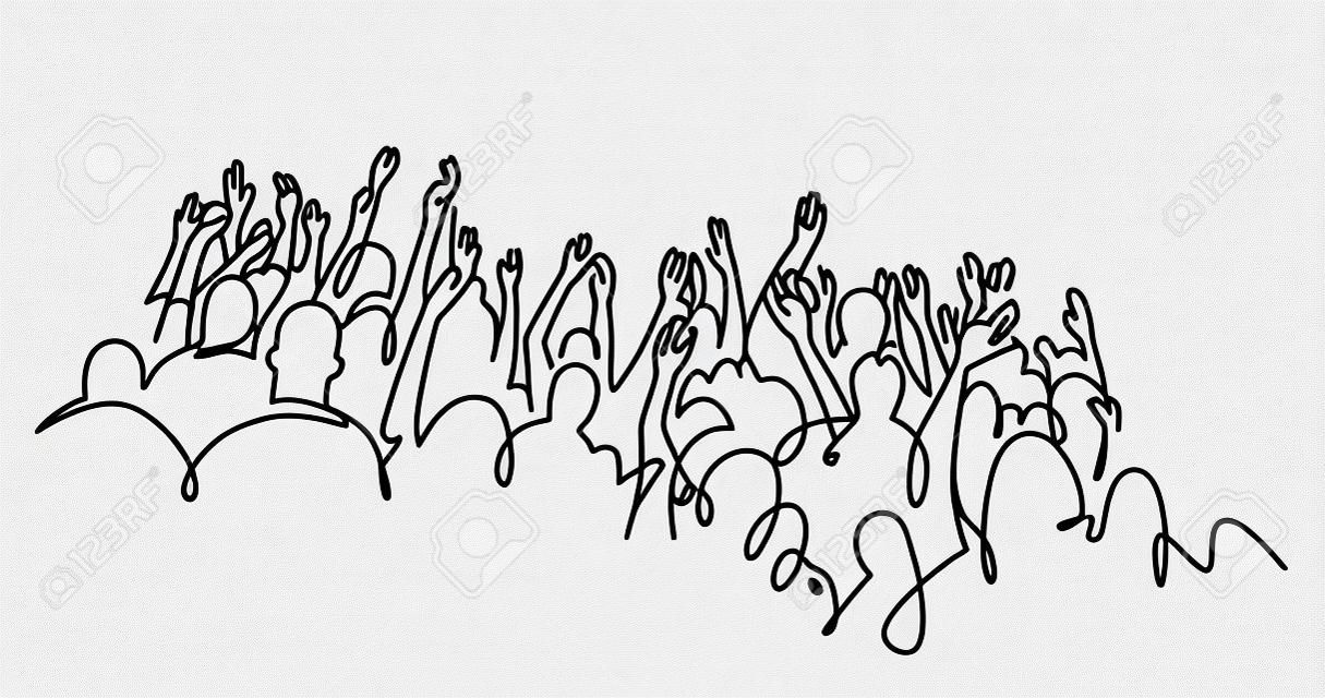 陽気な群衆の応援イラスト。手を上げろ。拍手の人々のグループは、連続1線ベクトル描画。観客のシルエットの手描きのキャラクター。コンサートに立つ女性と男性、会う。