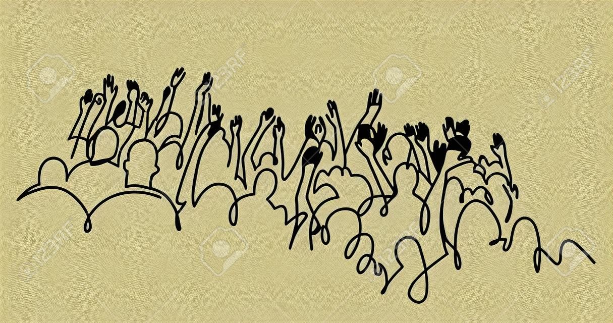 Illustrazione allegra folla tifo. Mani in alto. Gruppo di persone che applaudono un disegno vettoriale di una linea continua. Personaggi disegnati a mano sagoma del pubblico. Donne e uomini in piedi al concerto, incontro.