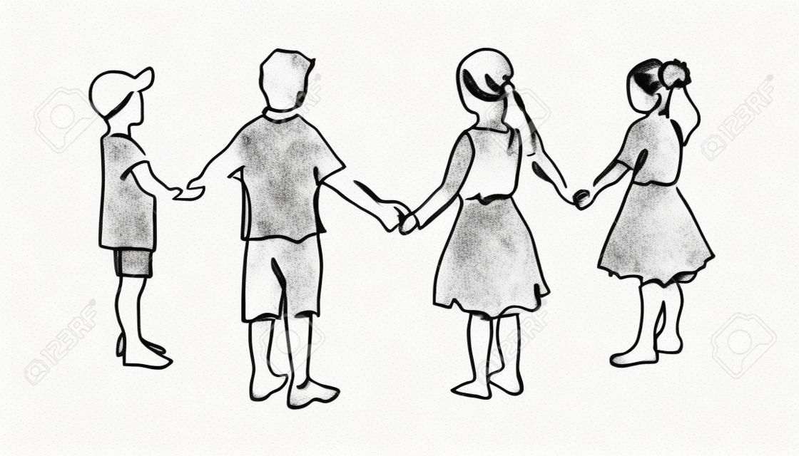 Group of young children holding hands continuous one line drawing. Kindergarten friendships concept. Happy cute kids in unity.