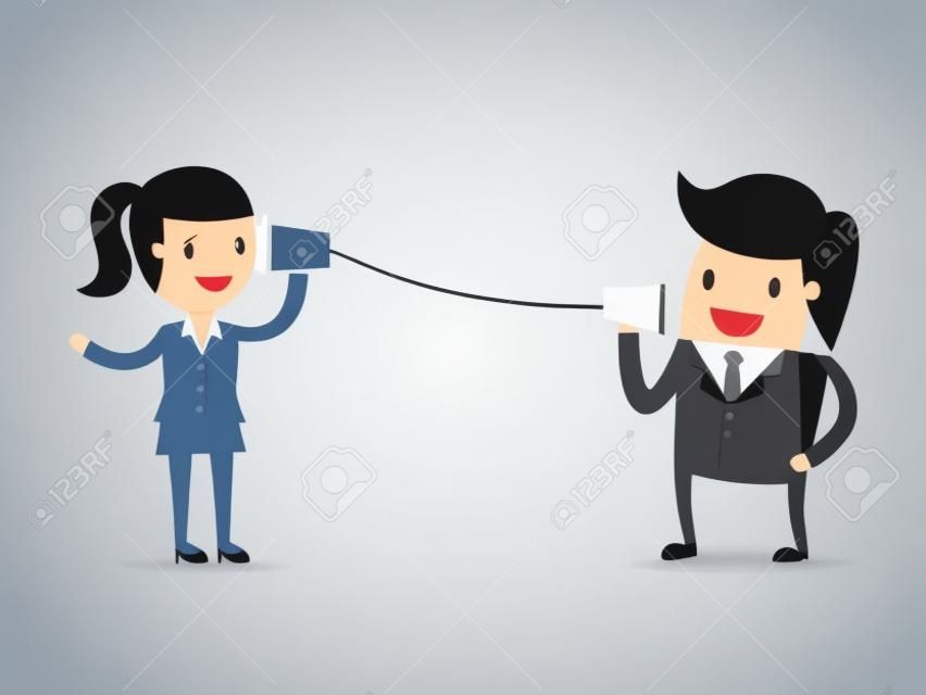Businessman and woman talking through a string phone