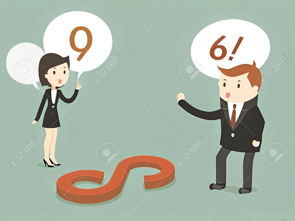Empresario y mujer pensando diferente en el número en el piso si 6 o 9