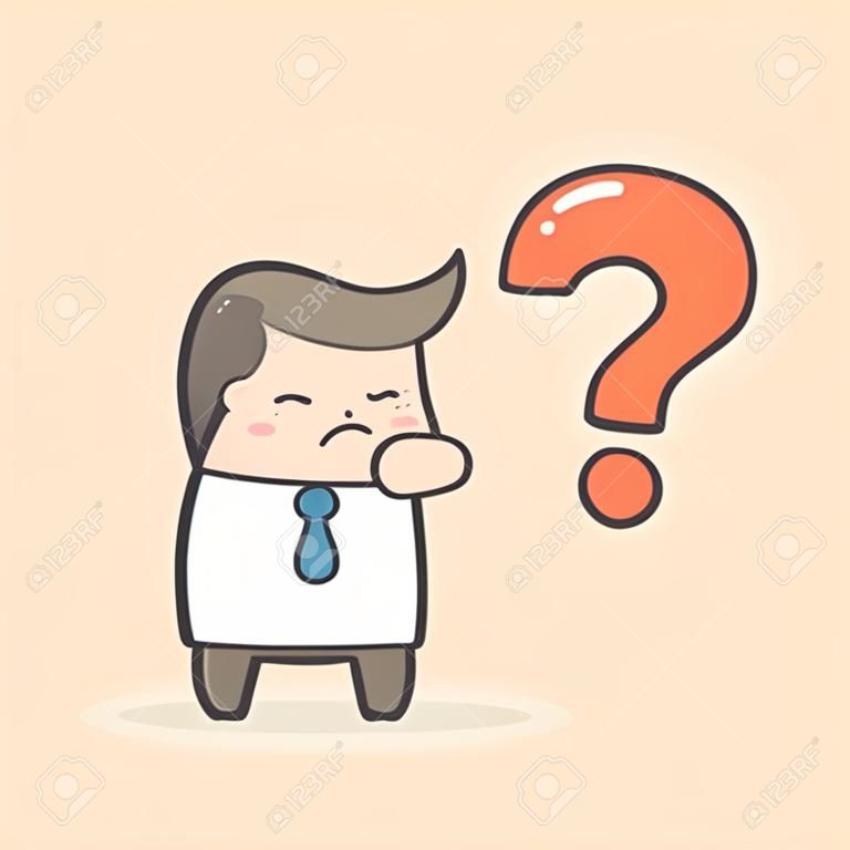 Young man thinking with question mark. Cute cartoon illustration.