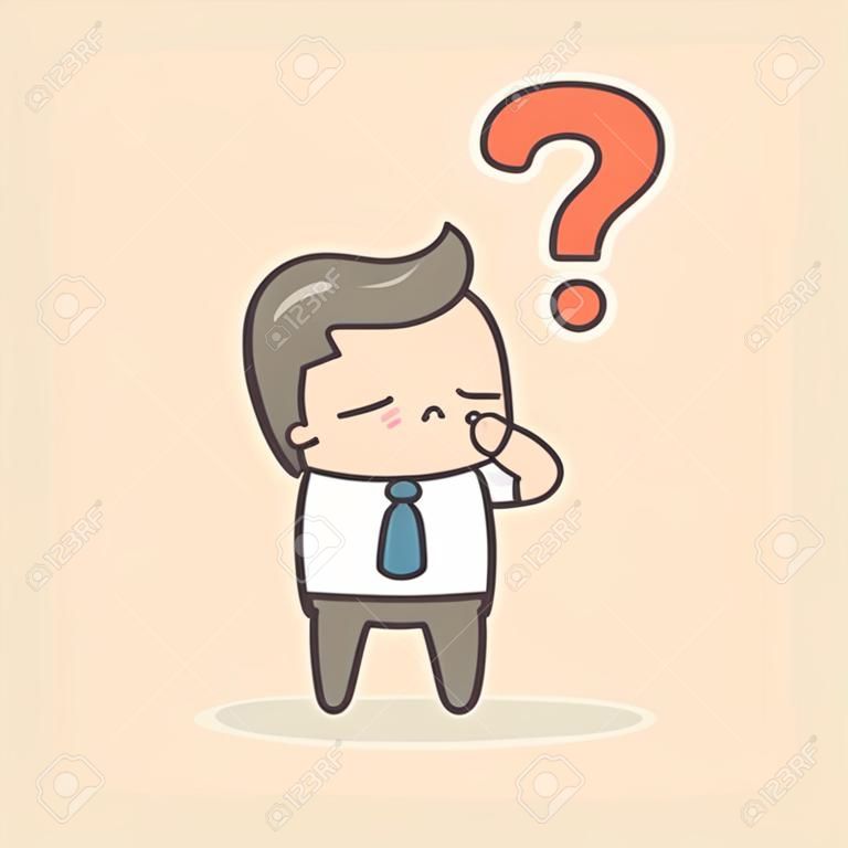 Young man thinking with question mark. Cute cartoon illustration.