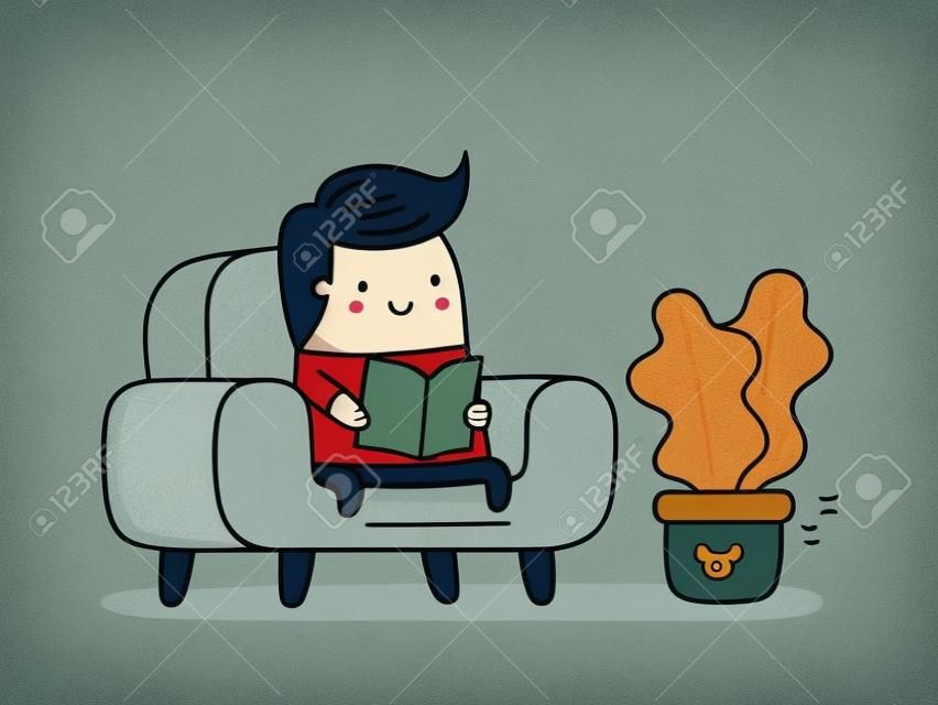 Young man reading a book in cozy living room. Cute cartoon illustration.