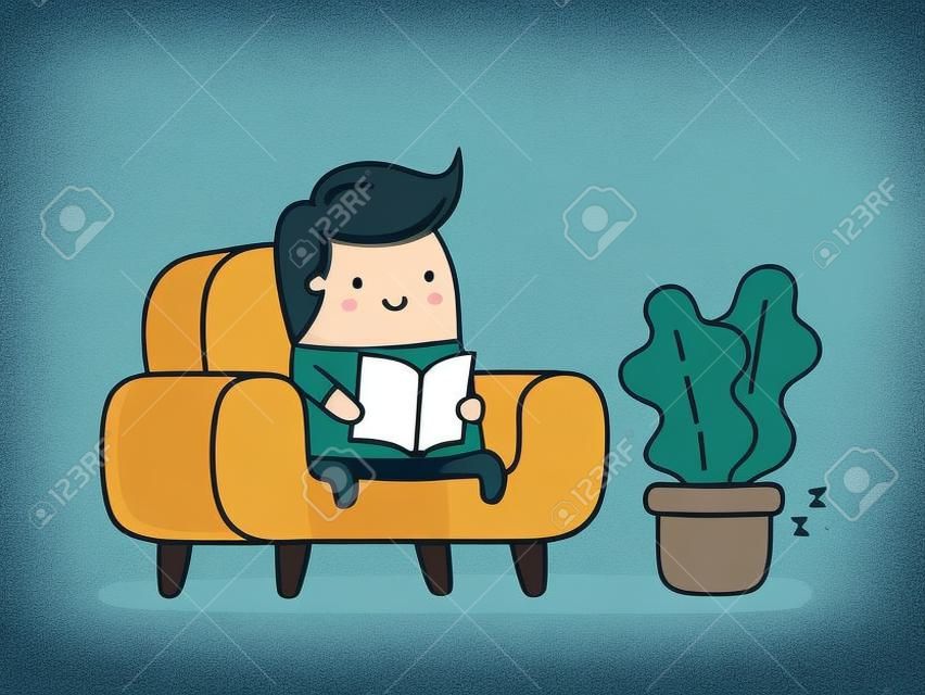 Jeune homme lisant un livre dans un salon confortable. Illustration de dessin animé mignon.