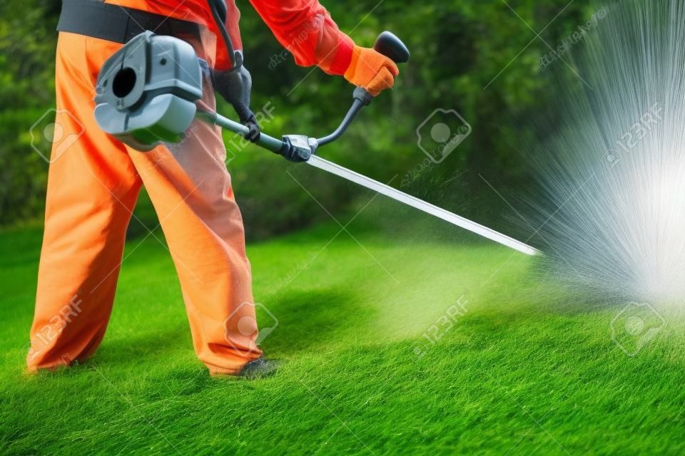 Il giardiniere che taglia l'erba con il tosaerba, cura del prato. Natura