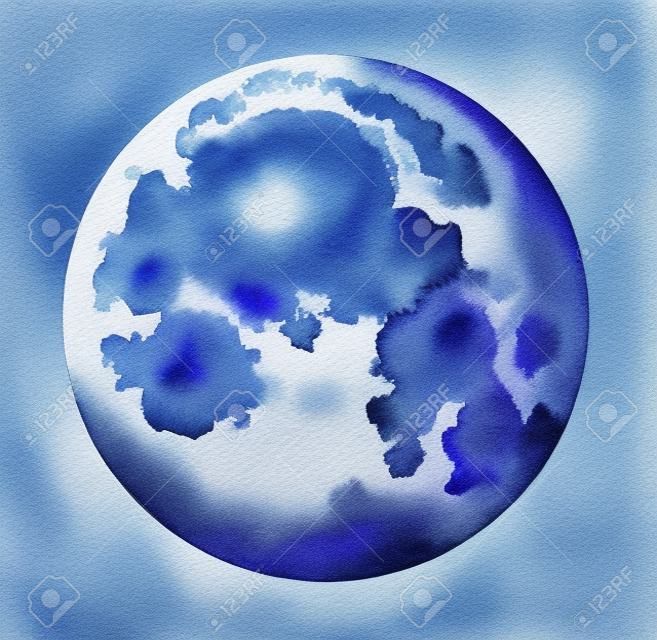 Realistic moon isolated on white background. Watercolor hand drawn illustration.