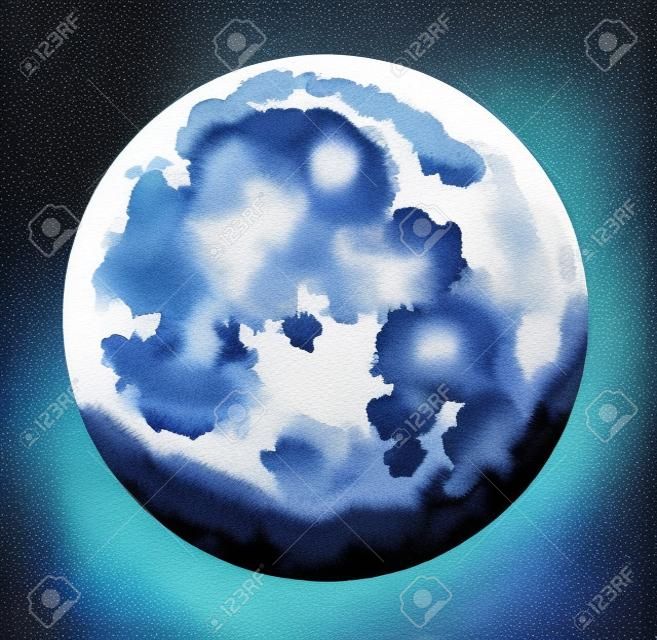 Realistic moon isolated on white background. Watercolor hand drawn illustration.