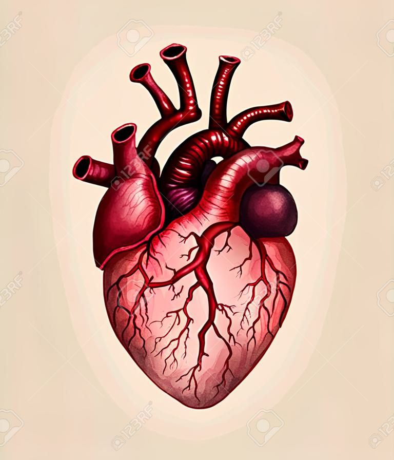 Corazón humano anatómico aislado sobre fondo beige. Ilustración de dibujado a mano de acuarela.