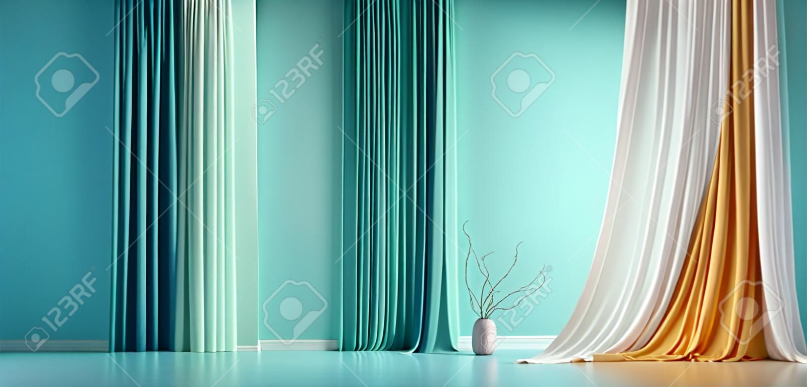 Pastel turquoise blue green empty wall in room with coloured silk curtain drapes. Mock up Template for product presentation. Living, gallery, studio, office concept. 3D rendering